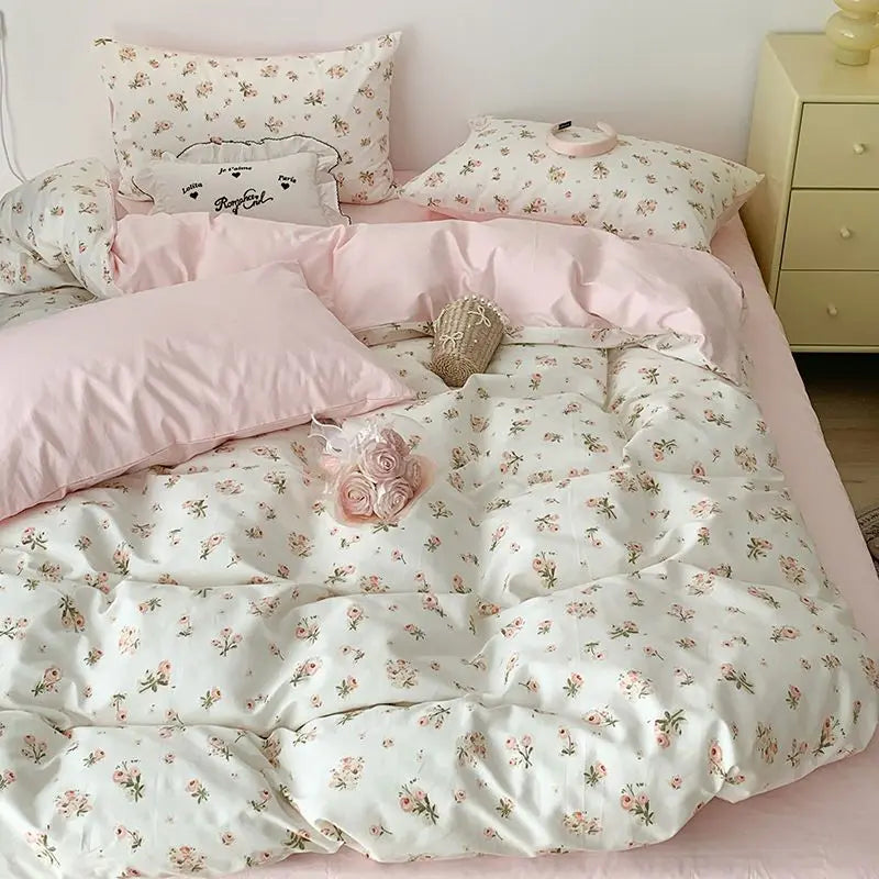 Romantic Cherry Heart Duvet Cover Set Flat Sheet Pillowcases Fashion New Twin Full Floral Bedding Set