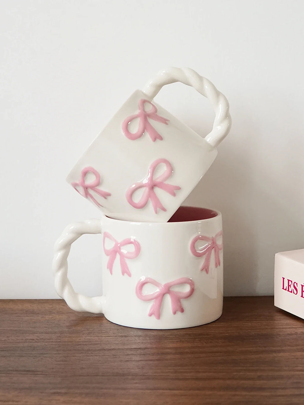 Pink Bow Ceramic Mug, Twist Handle Ceramic Mug, Exquisite and Simple Pink Embossed Mug
