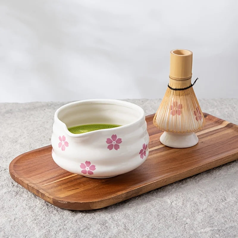 Hand-painted Cherry Blossom White Matcha Bowl with Matcha Whisk Set, Japanese Tea Set Includes Matcha Bowl with Spout