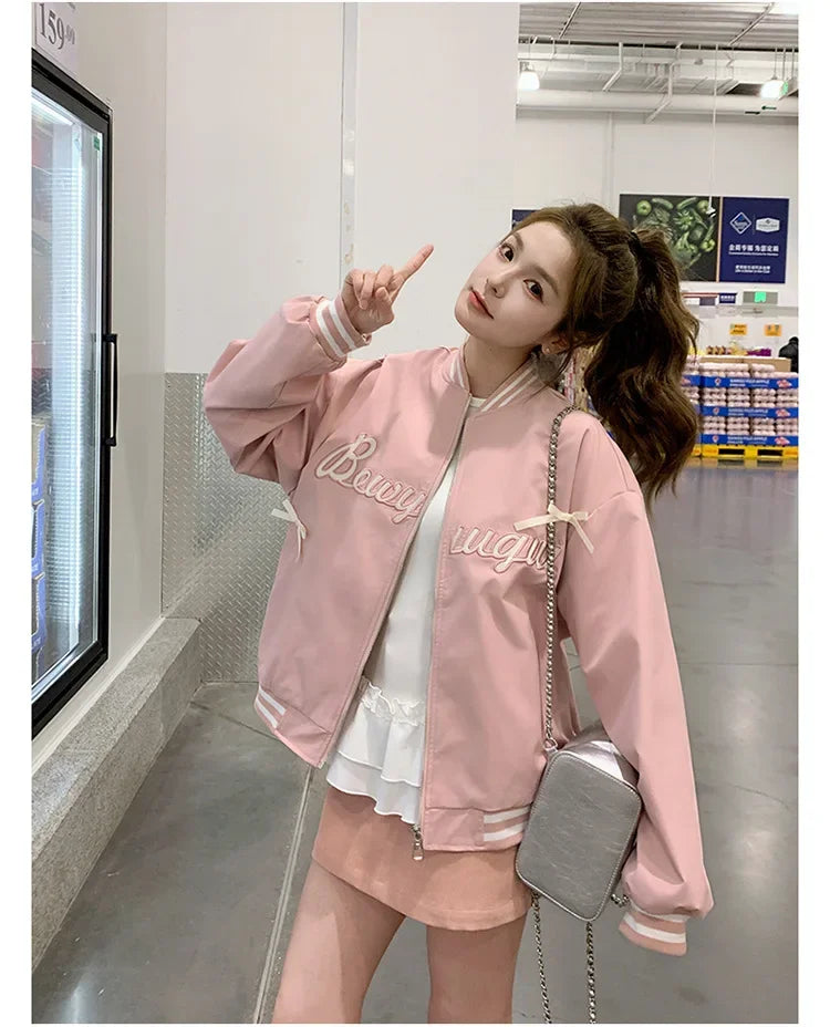 Sweet Butterfly Knot Pink Baseball Jacket Women's Spring Autumn Casual Loose Fit round Neck Full Sleeve Fashionable Coat