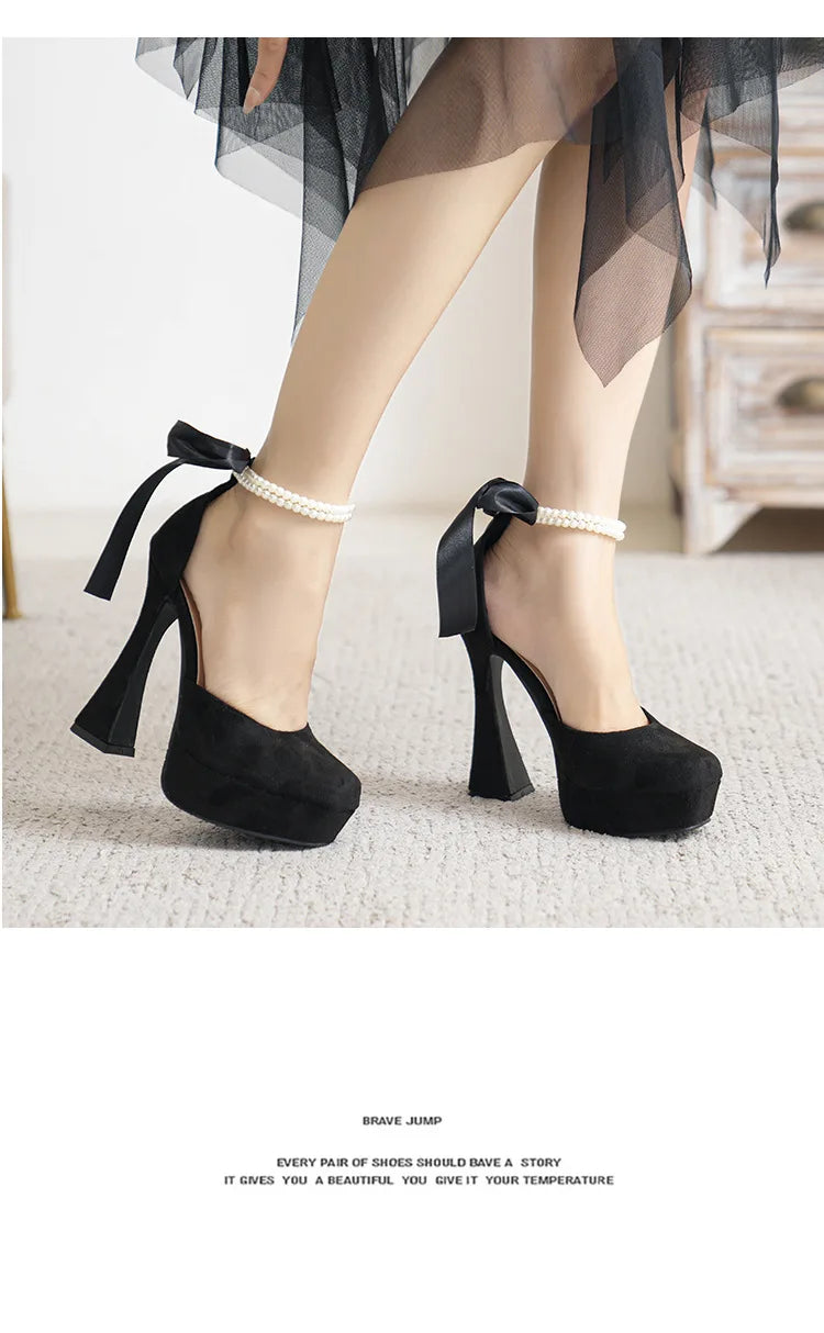Fashion Super High Heels Sandals Bow Buckle Square Head Heels Ladies Shoes