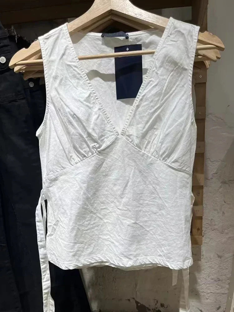 Women White Deep V Neck Tanks Summer Ladies Soft Sexy Cotton Slim Tank Tops Female Vintage Solid Sweet Vest