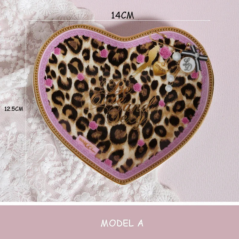 Pink Heart Shaped Dining Plate, Breakfast Tray, Ceramic Lace, Leopard Pattern Tableware, Afternoon Tea Salad Dessert