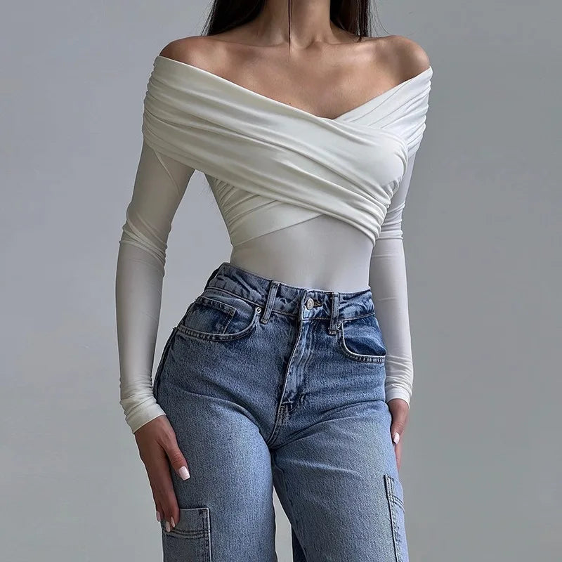 Sexy Off Shoulder Women's Bodysuits Fashion Crossed Folds Skinny Rompers Long Sleeve