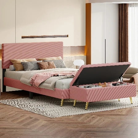 Pink 2 Pieces Bedroom Sets Queen Size Upholstered Bed Frame, Modern Corduroy Storage Ottoman