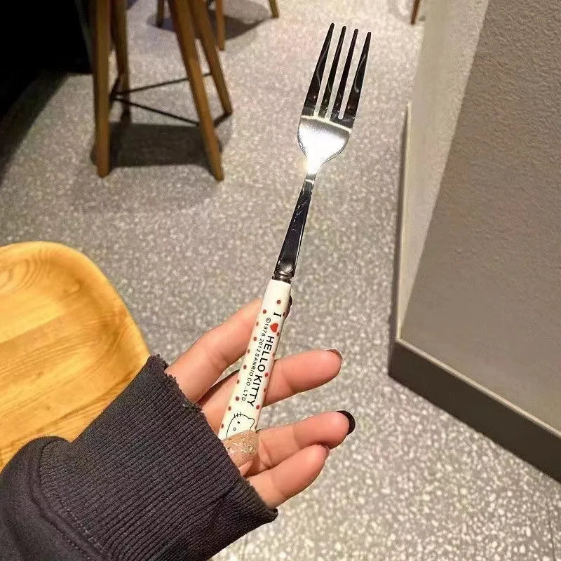 Sanrio Hello Kitty Kitchen Tableware Stainless Steel Chopsticks Spoon Fork Portable Dinnerware Set