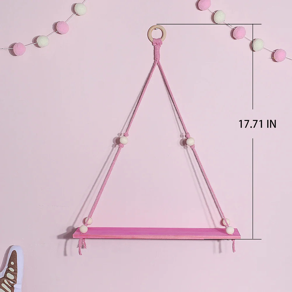 Pink 1/2-tier Hemp Rope Wooden Plant Flower Pot Tray Display Stand Storage Rack Wall Shelves Floating Wall Shelf Home Decoration