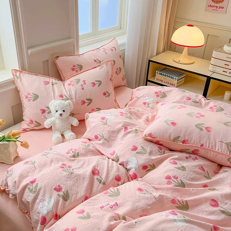Tulip Double Layer Yarn Quilt Cover Bed Sheet Pillowcase Bedding Set Girls Duvet Cover Set No Filler