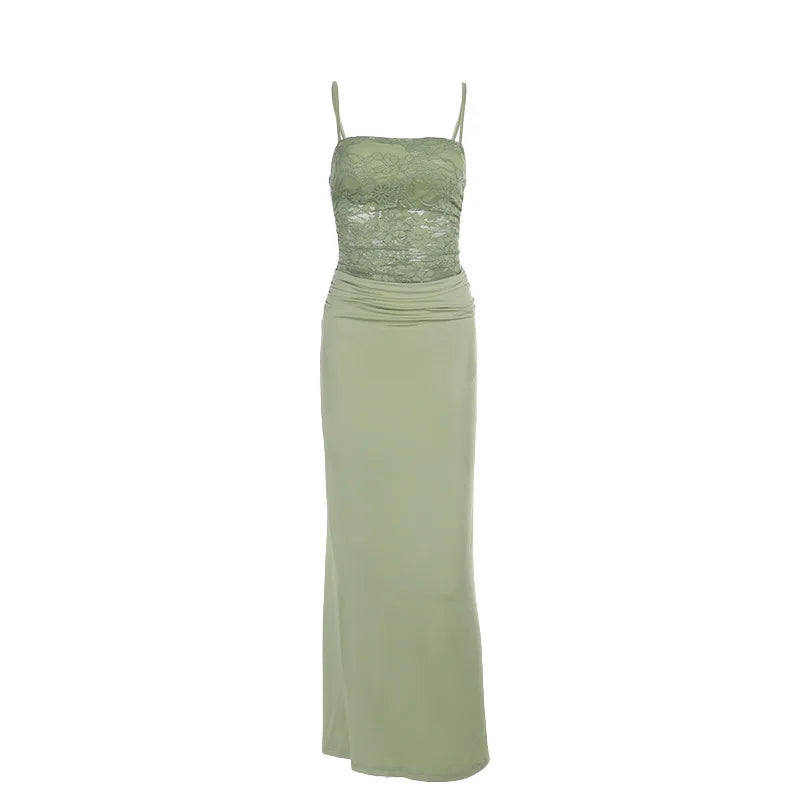 Elegant Sling Patchwork Dress Women Slim See Through Sleeveless Fold Long