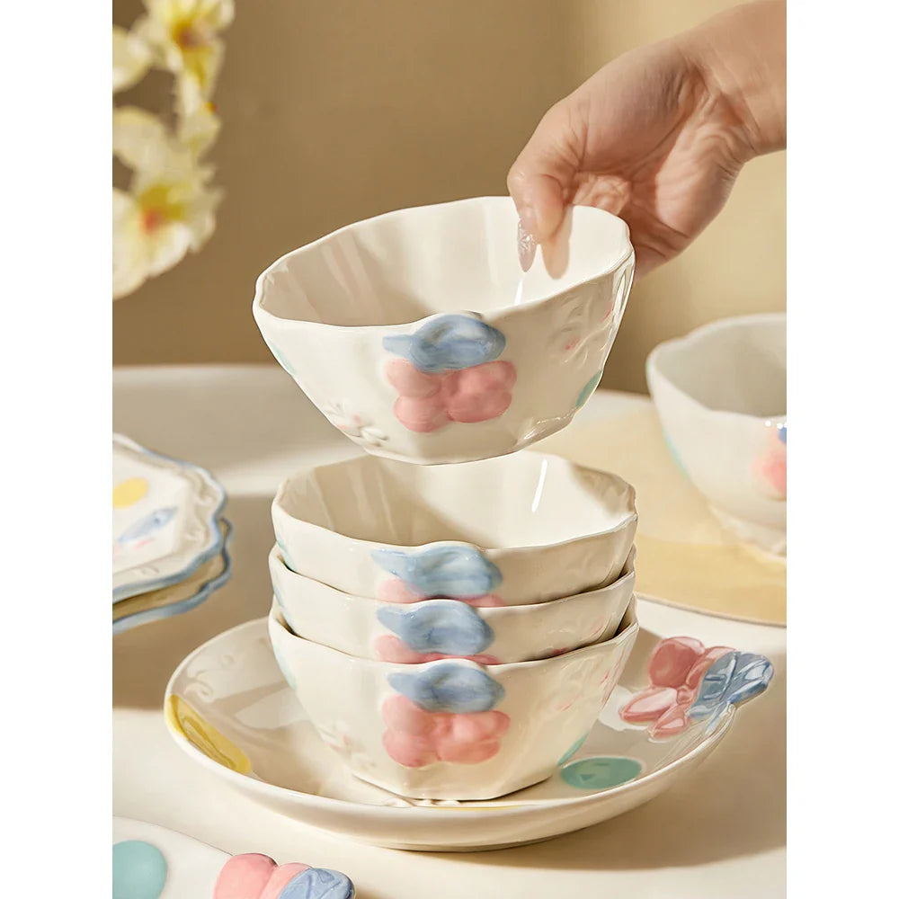 Cute Pattern Ceramic Plates Print Round Deep Tableware