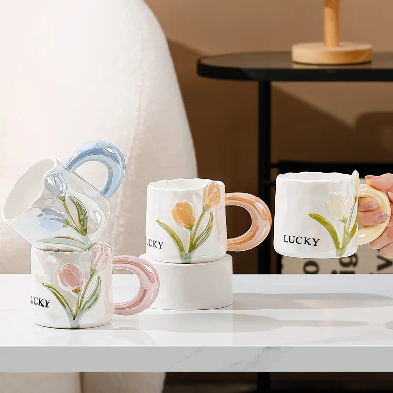 Creative Tulip Ceramic Cup with Handle Spoon Mugs