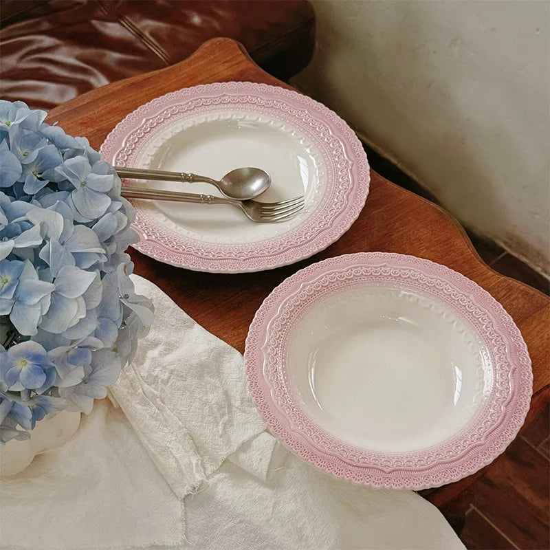 Pink Ceramic Plate French Underglaze Colored Plate Dinner Set Plates and Dishes