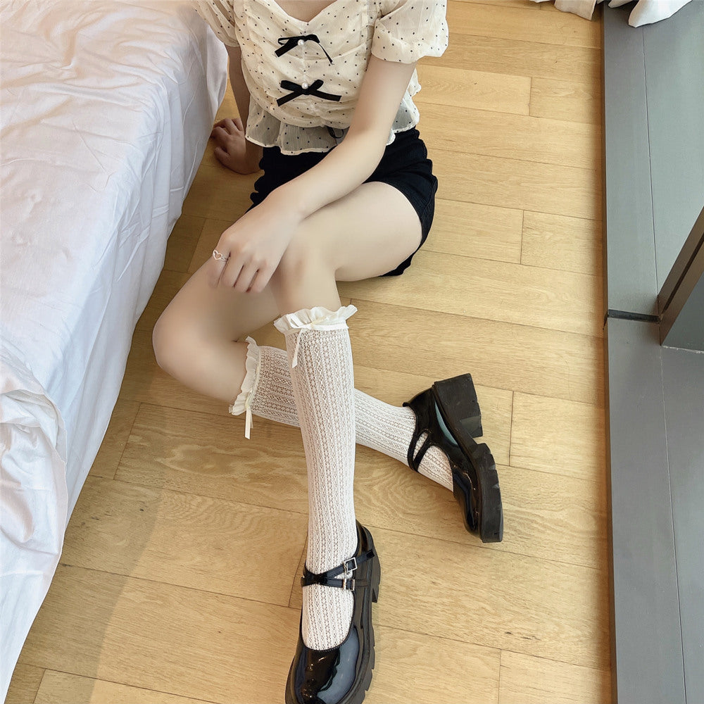 Retro Women Stockings Ruffle Long Socks Lolita Style Lace Knee High Sock Sweet Girls Cute Bow Thigh High Stocking