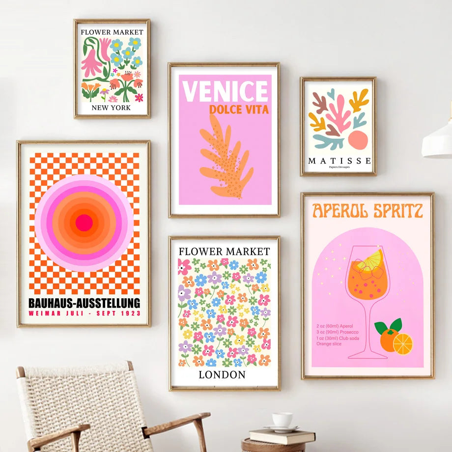 Pink Matisse Flower Market Bauhaus Cocktail Abstract Gallery Wall Art Canvas Painting Poster Print Picture