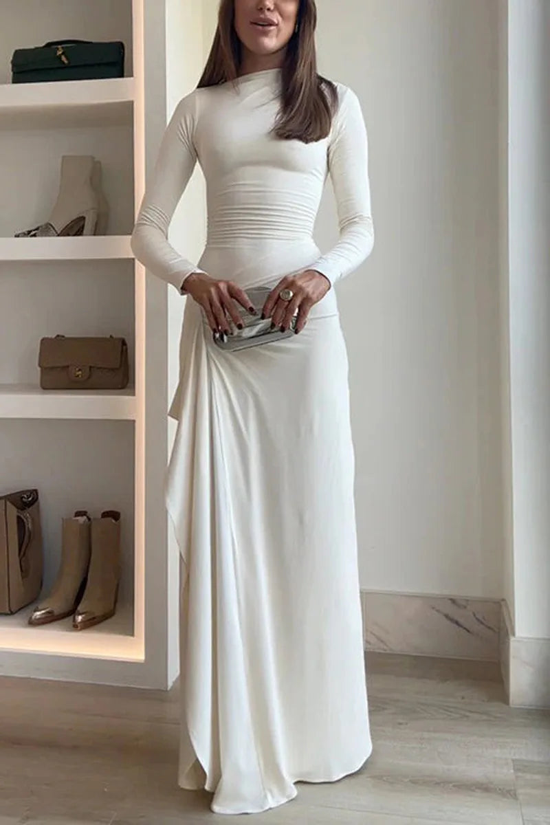 Elegant White Ruched Dresses Womens Long Sleeve Curvy Slit Evening Luxury Party Dress Winter Evening Black Gowns Red Prom Robe