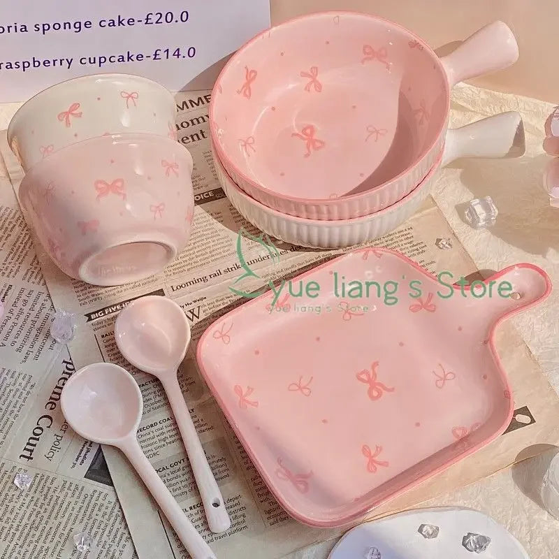 Pink Bow Ceramic Cutlery Set, Home Tableware Ceramic Handle Bowl Yogurt Cup High Value Breakfast Plate Drinkware