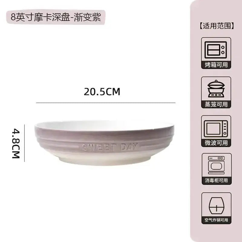 Gradual Change 8-inch Ceramic Deep Plate, High-end High-value Trays Underglaze Color Deep Plate Bowls