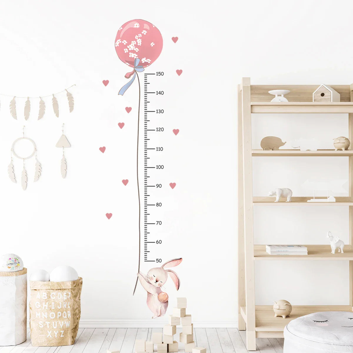 Cartoon Cute Pink Rabbit Balloon Height Measurement Wall Stickers for Kids Room Bedroom Home Decoration Wall Decals 2Pcs
