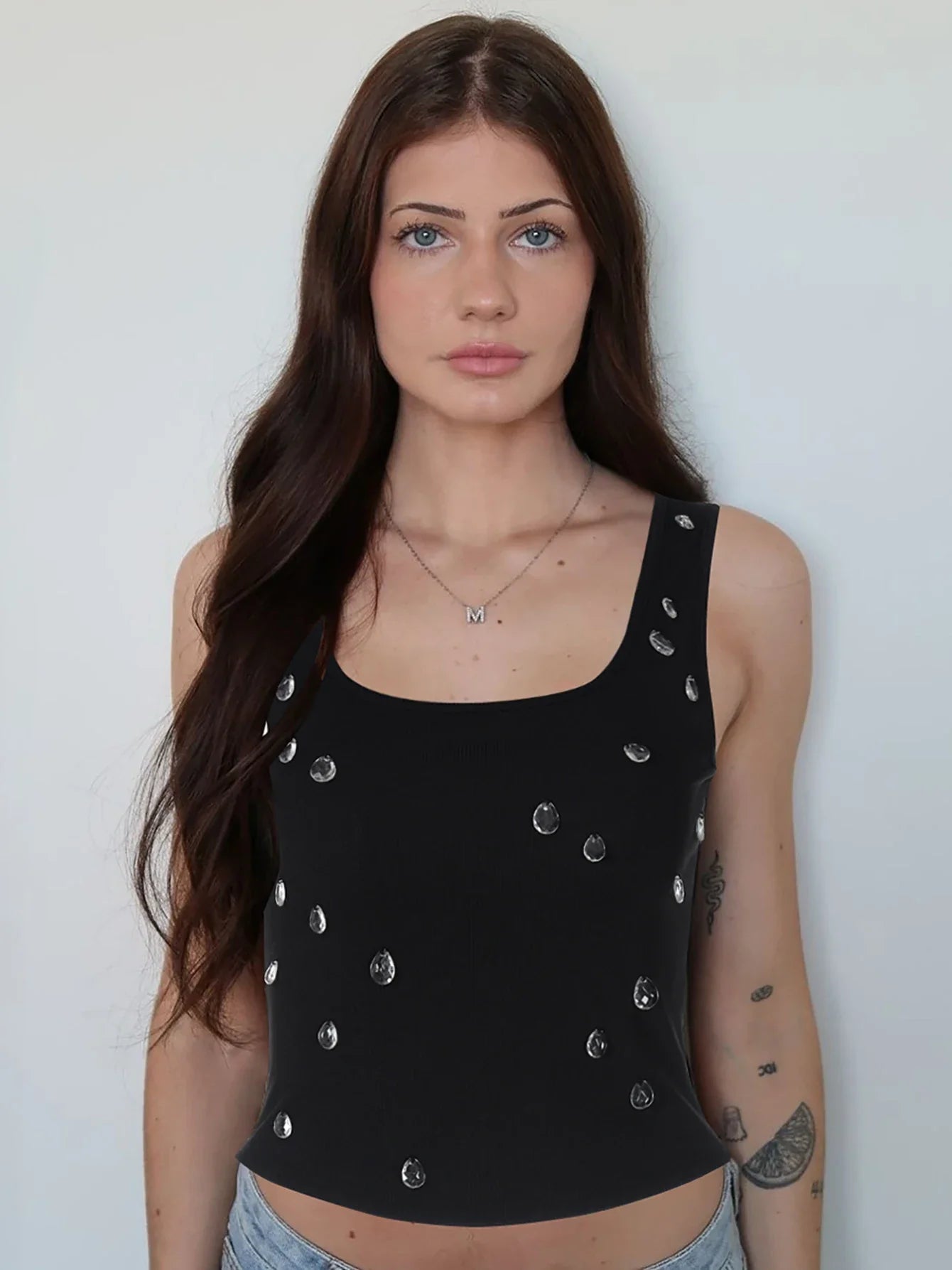 Ribbed Sleeveless Water Droplets Diamond Decorated Tank Sexy Casual Bodycon Top Party Club Streetwear Spring Summer