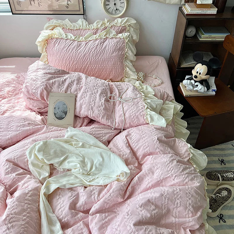 Princess Style Lace Ruffles Bedding Set Skin-friendly Duvet Cover Set Fitted Sheet/Bed Sheet Pillowcases