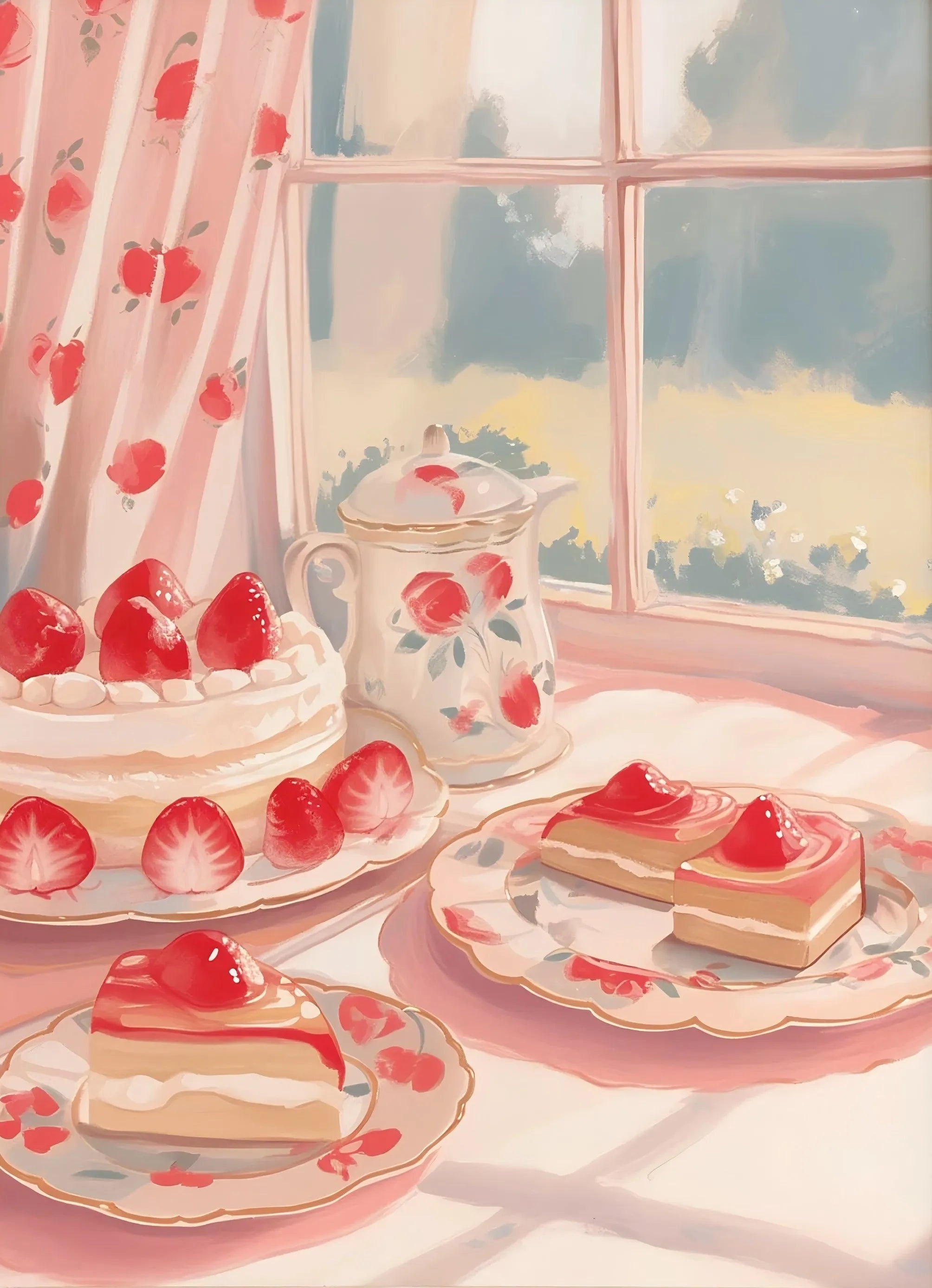 Retro Pink Cake Shop Dessert Gourmet Strawberry Cake Tea Poster Canvas Painting Prints Art Pictures Wall Decor