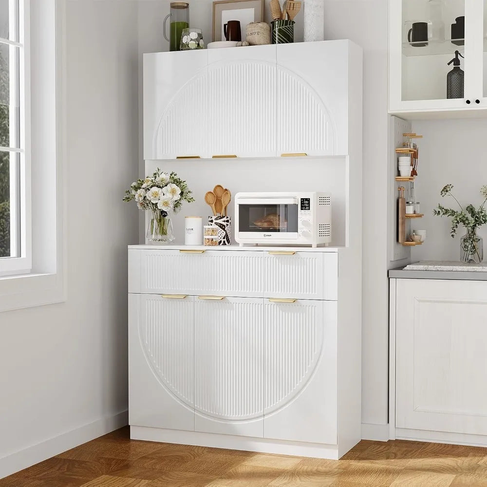 Kitchen Pantry With Charging Station, White Modern Hutch With Drawers & Microwave Stand, Buffet Cabinet With Countertop