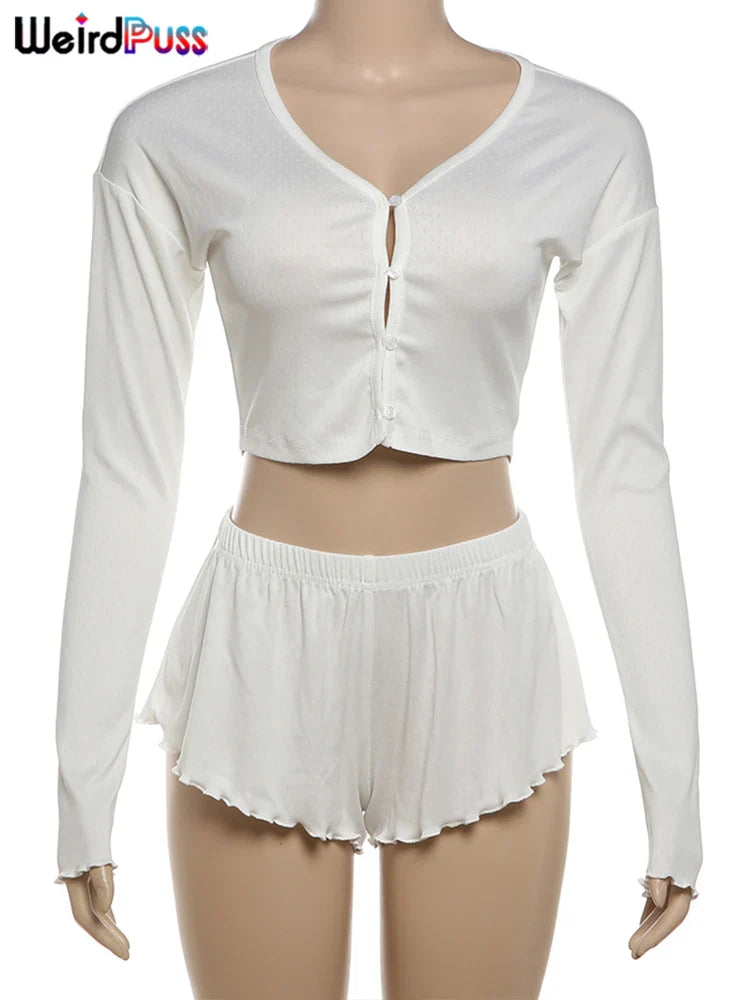 Solid 2 Piece Set Long Sleeve Single Breasted Crop Tops+Ruffles Simple Thin Mini Short Suit