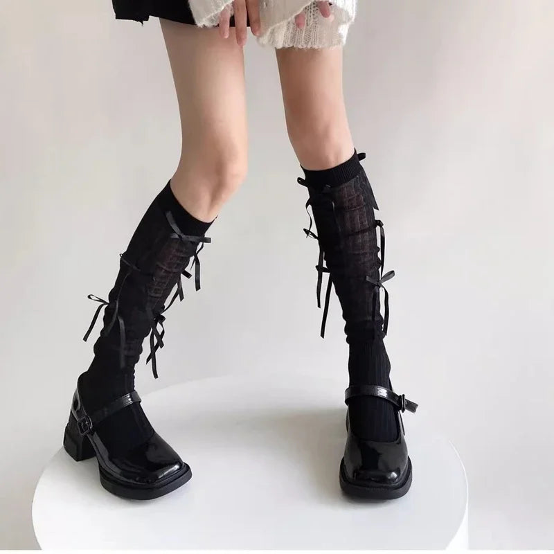 Sweet Lolita Style Stockings Students Fashion Basic Bowknot Knee-high Socks Cotton Fabric Women Mid-calf Sock