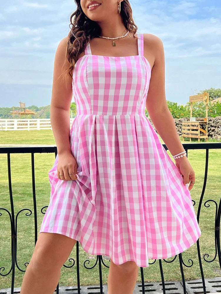 Plus Size Women's Summer New Plaid Smock Dress Sling Square Neck Dress Polyester Best for Summer