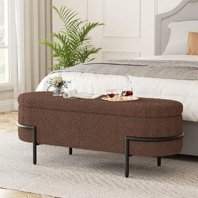 Storage Ottoman Bench with Metal Stand, Upholstered Sherpa Stool with Large Storage Space, Modern Storage Bench