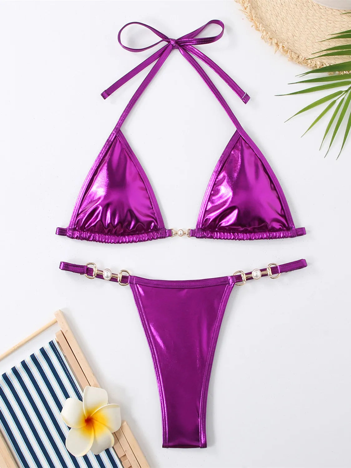 Shiny Micro Bikini Women Sexy PU Pearls Push Up Thong Swimsuit Summer Bathing Suit