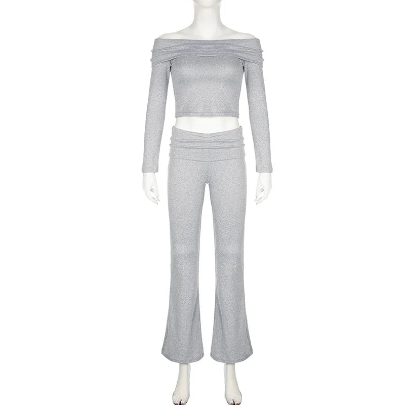 Slash Neck Top and Casual Pants Sets Women's Two Pieces Of Outfits Streetwear Solid Fashion Y2K Basic Slim Clothes