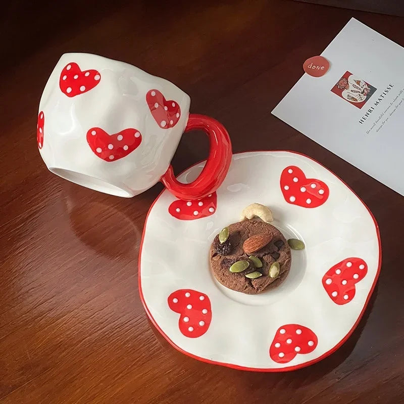 Ceramic Coffe Mug Hand Pinched Irregular Hand-painted Love Heart Cherry Pattern Cup with Saucer