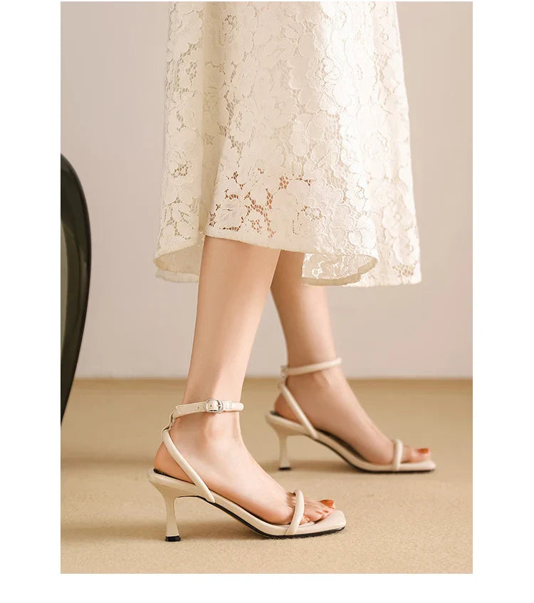 Women's High Heel Sandals Square Toe Thin Heels One-length Strip Open Toe Sandals