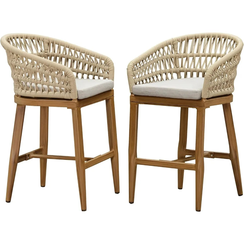 Outdoor Rattan Counter Height Bar Stools Chair, Modern Upholstered Patio Bar Stool with Backrest for Indoor and Outdoor Kitchen