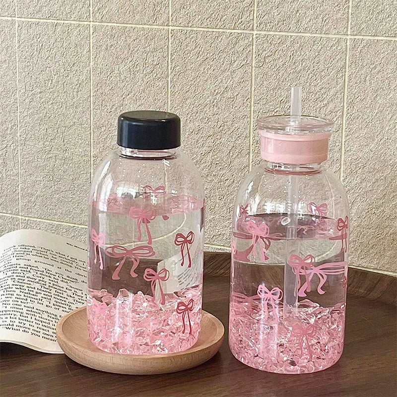 Cute Bow Plastic Bottle Ice With Straw Lid Sweet High-value Bow Cup Portable Cup