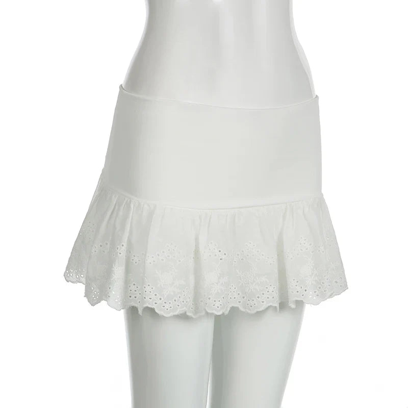 White Lace Pleated Skirt with Shorts Cute Coquette Low Rise Patchwork Super-short Mini Skirt