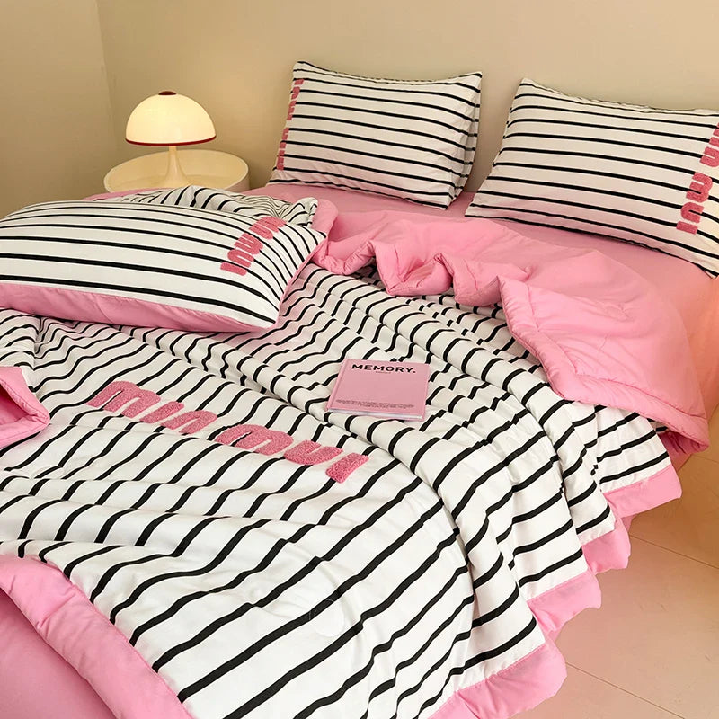 Stripe Quilt set Pink And White Bedding Set with Flat Sheet Set Soft  Fluffy Embroidery Quilt Set
