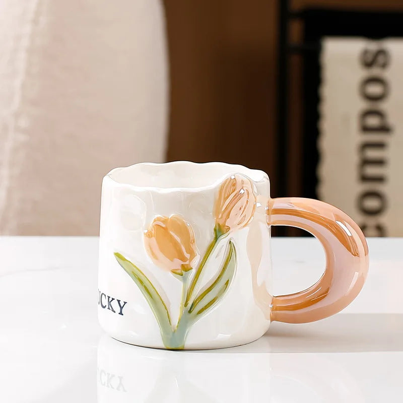 Creative Tulip Ceramic Cup with Handle Spoon Mugs