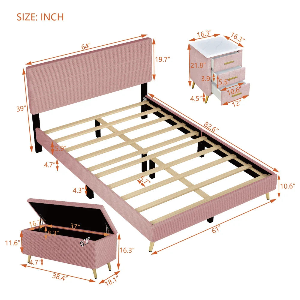 Pink 2 Pieces Bedroom Sets Queen Size Upholstered Bed Frame, Modern Corduroy Storage Ottoman