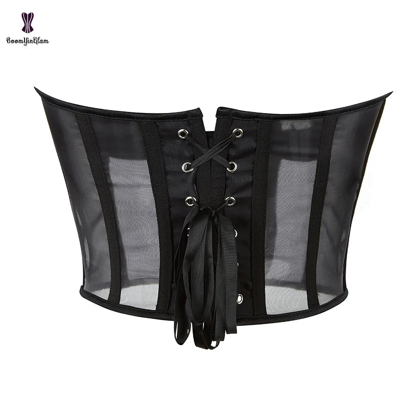 Summer Translucent Corset Women's Mesh Crop Top Black Padded Bra Bustier