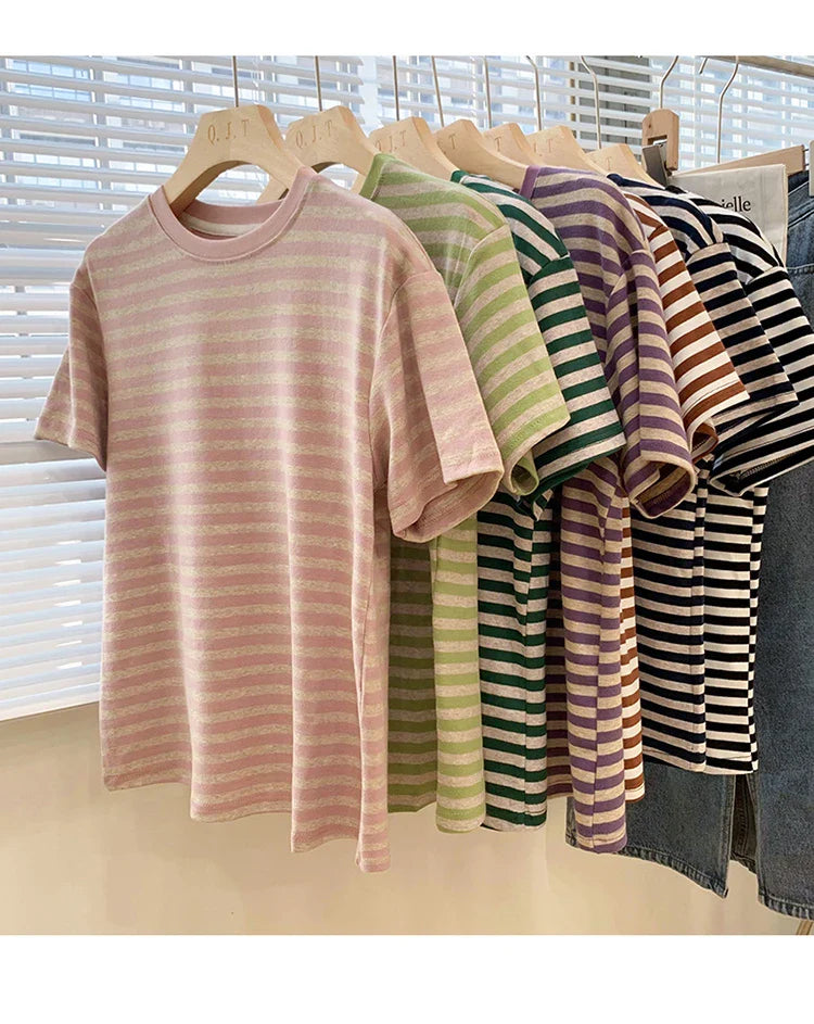 Summer Short Sleeve Striped T-Shirts Versatile Women Knitted Basic Casual Tops Female Cozy Loose Cotton Tees