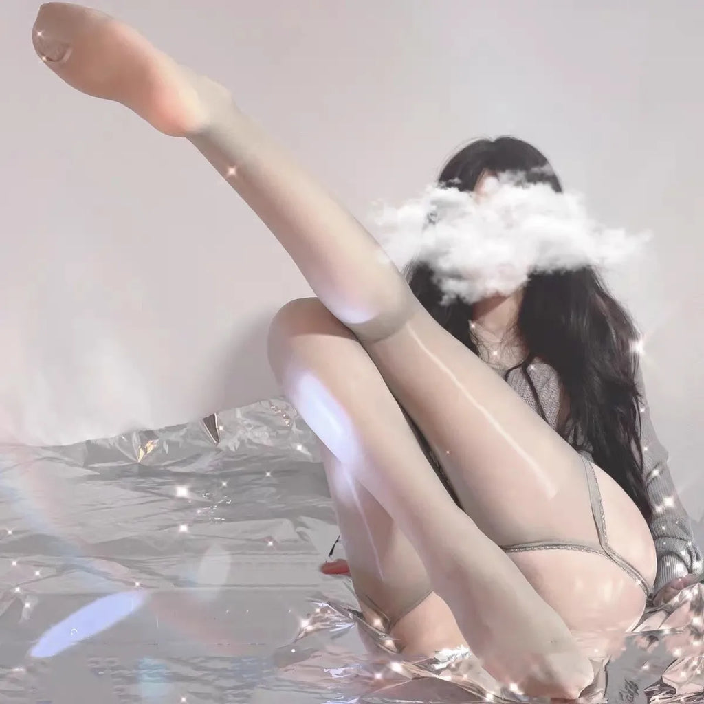 Lace Garter One-piece High Waist Stockings Hollow Oil Shiny Silk Smooth Sexy Pantyhose with Garters