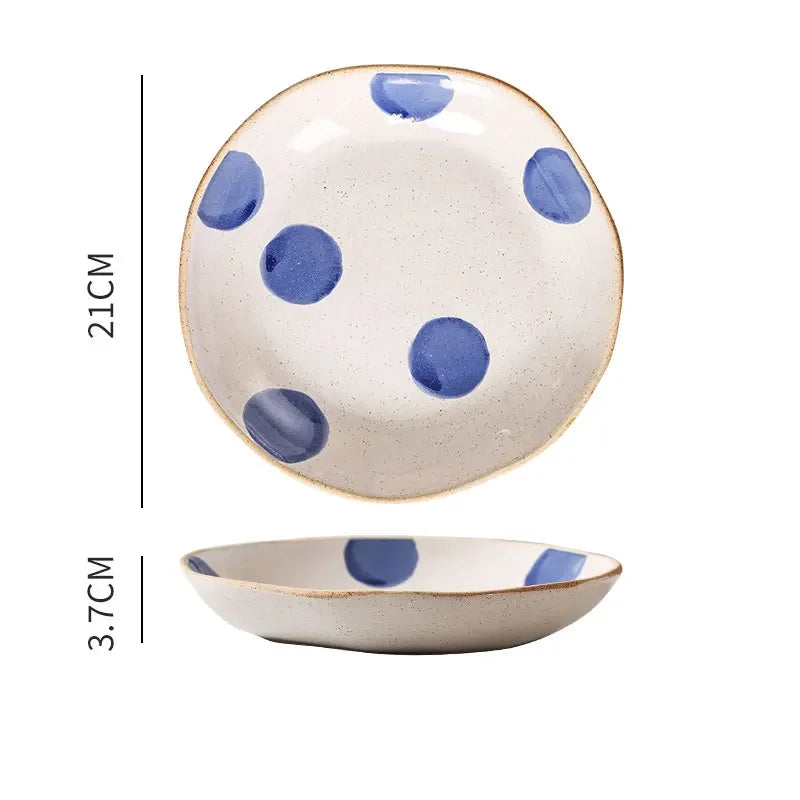 Vintage Hand Painted Dots Daisy Pottery Deep Plates Creative Moon Star Steak Flat Plate Handmade Salad Dinner Dishes