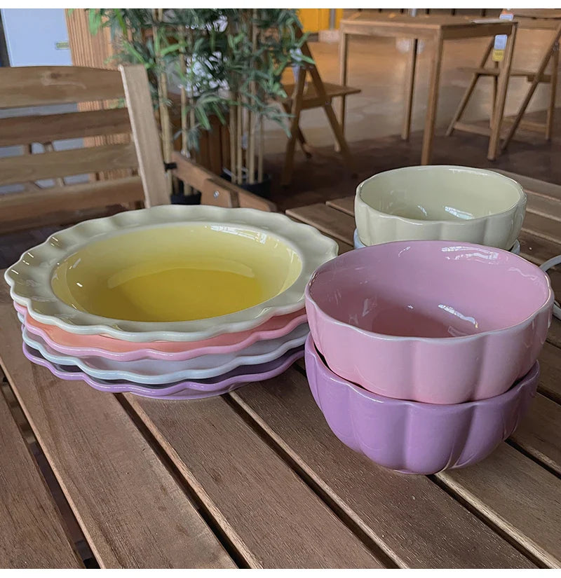 French Style Ceramic Plate Gradient Floral Shape Porcelain Dinnerware