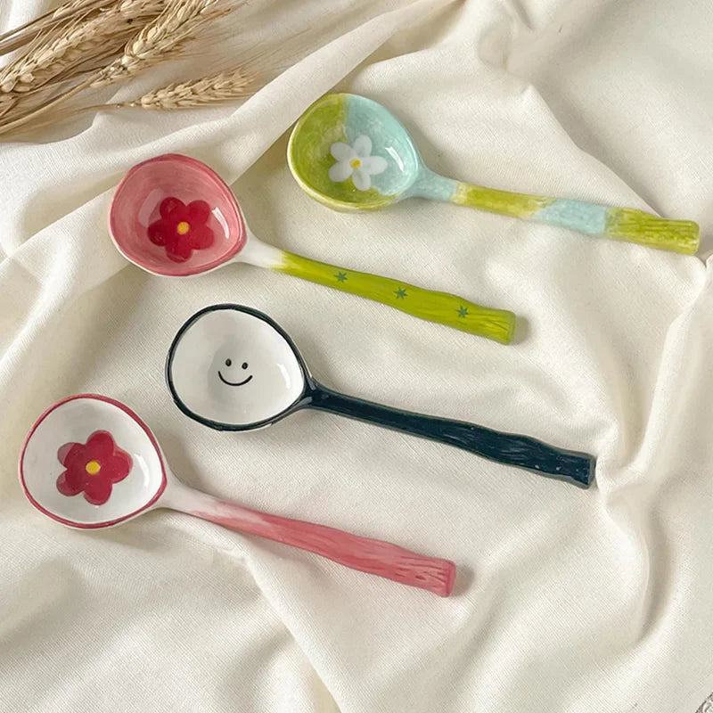 Kawaii Cute Ceramic Flower Spoon Hand Painted Dessert Spoon With Long Handle