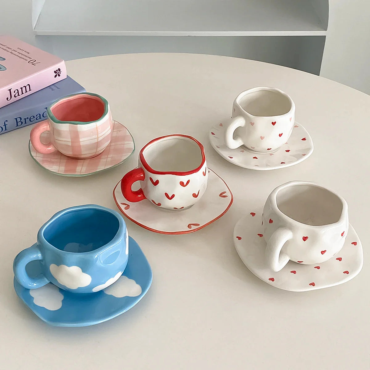 Hand-Kneaded Ceramic Cup and Saucer Multi-Color Plaid Heart Blue Sky and White Clouds Flower Mug Suitable for Afternoon Tea