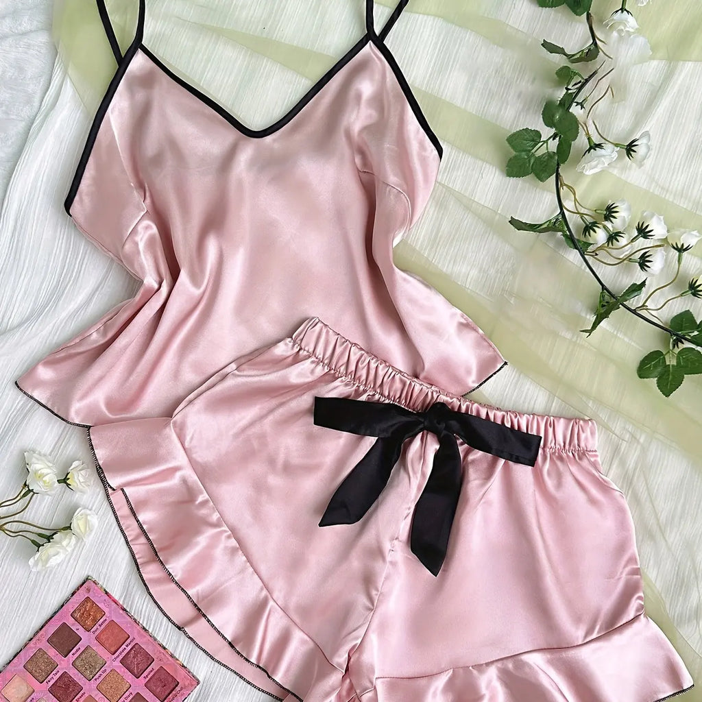 Women's Smooth Satin Pajamas V-Neck T-Shirt Ruffled Edges And Bow Shorts Simple And Breathable Pajama Set