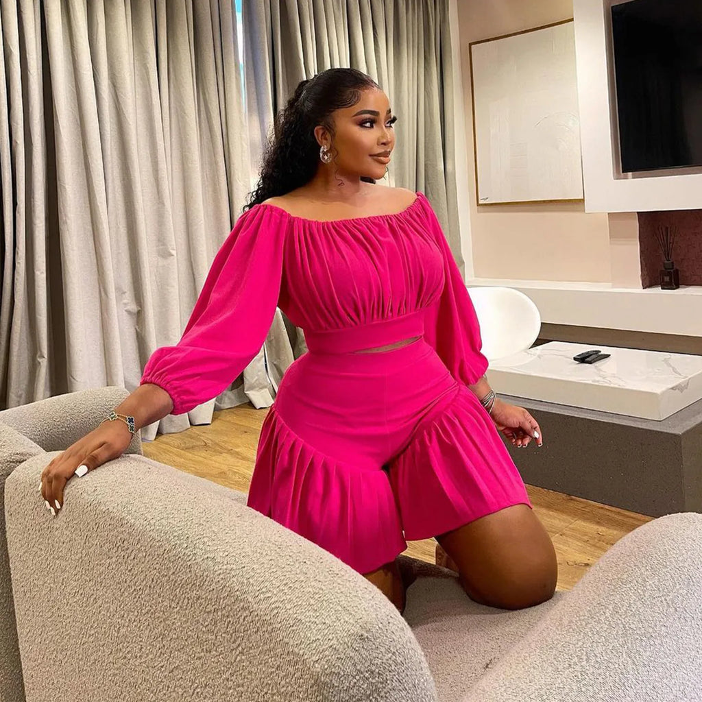 Plus Size Women's Set Long Sleeve Slash Neck T-Shirt and Shorts Summer Ruched Two 2 Piece Set Outfits Tracksuit