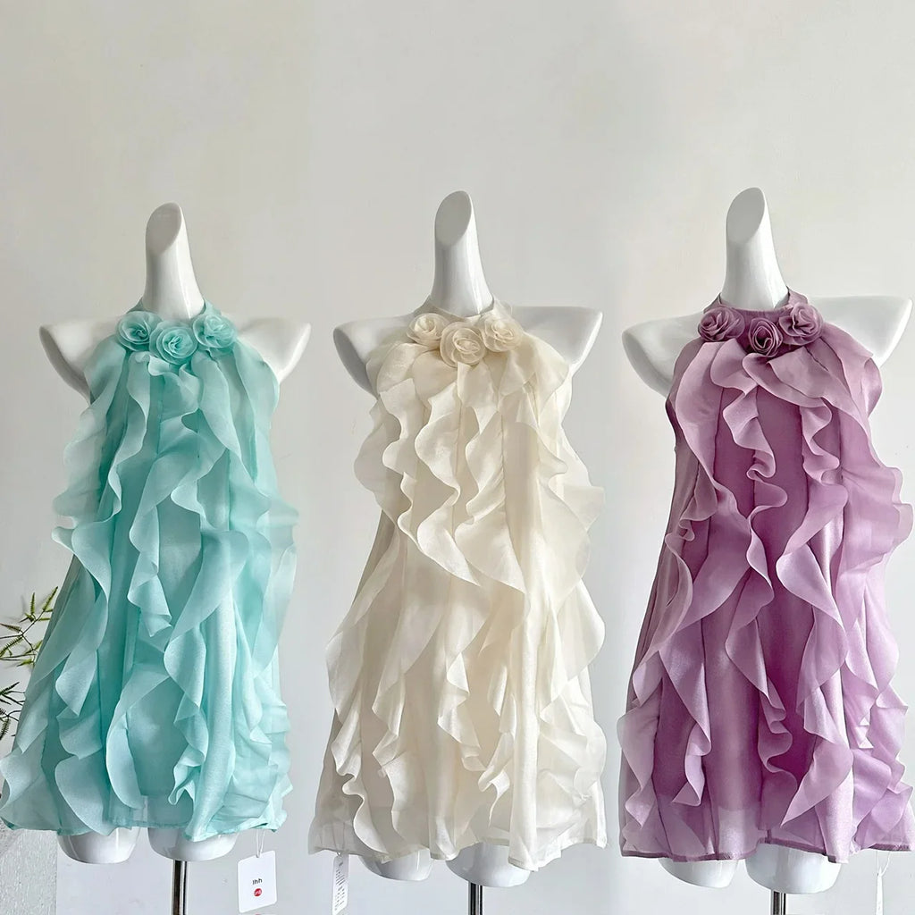 Women's Coquette Ruffle Dress Mini Chiffon Frock Design One-Piece Cute Sleeveless